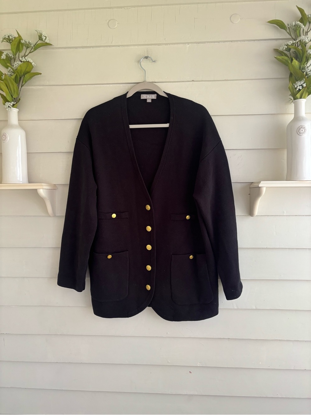 J. Crew Long V Neck Sweater Blazer Jacket Black Size Medium